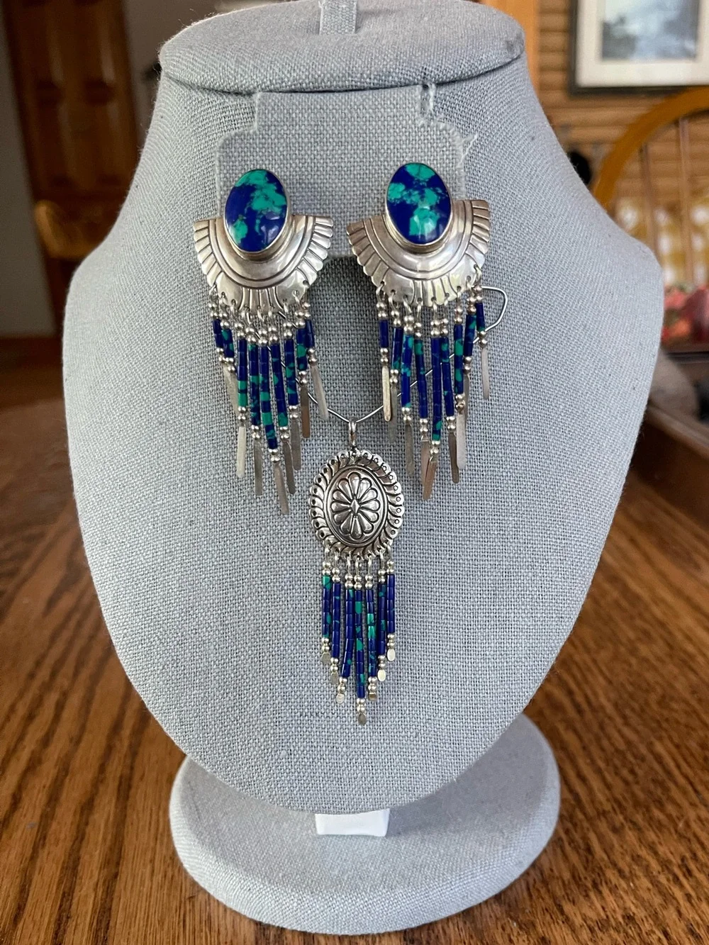 Azurmalachite Sterling Silver Earrings & Concho Pendant Set